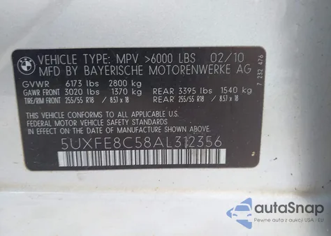 2010 BMW X5 xDrive48I from USA, damaged, VIN 5UXFE8C58AL312356